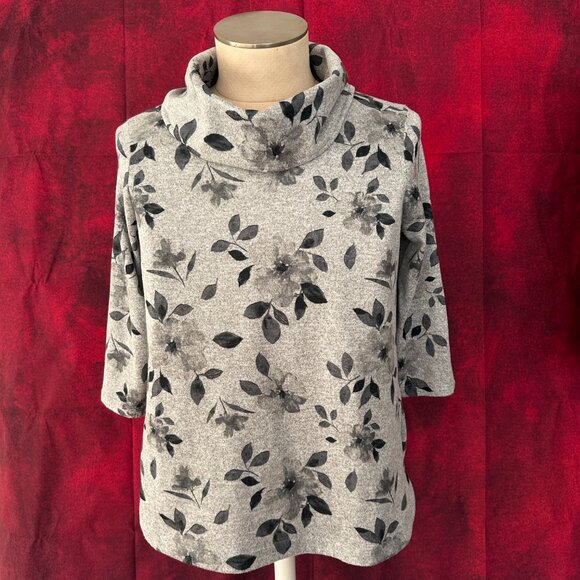 CROFT & BARROW WOMEN'S GRAYFLORAL COWL NECK PULLOVE SWEATER, MEDIUM, 3/4 SLEEVE - Picture 1 of 9